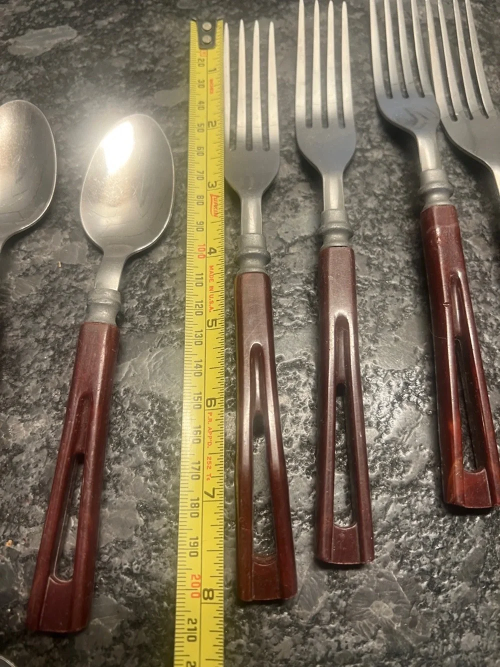 14 piece MCM Bakelite Brown Handle Stainless Steel Fork and Spoon Set - Stanhome